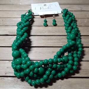 Riah Multi-Strand Bead Necklace & Pierced Earrings Green St Patricks Christmas
